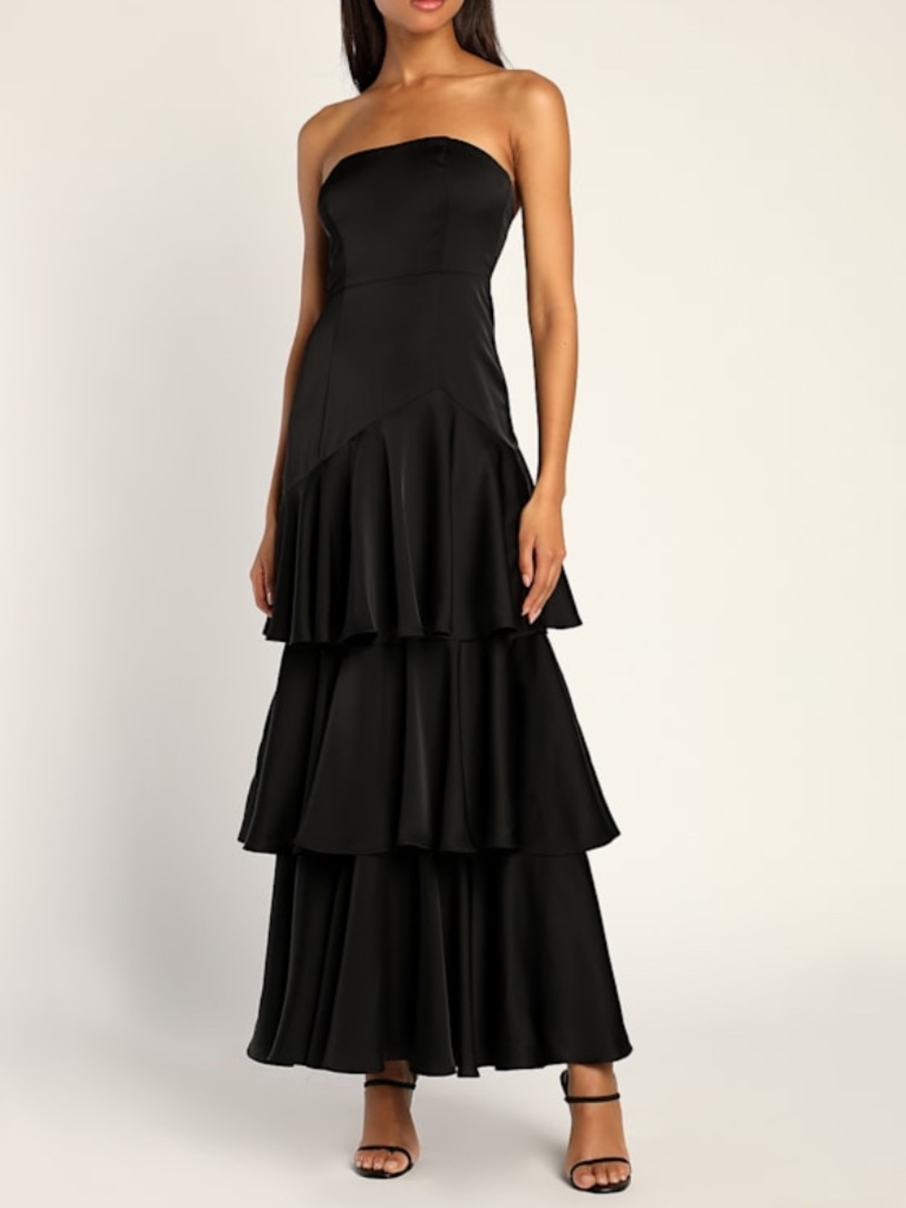 Lulus Blissfully Beautiful Black Satin Strapless Tiered Maxi Dress - Size S